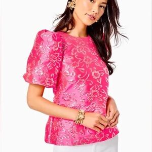 Lilly Pulitzer Women's Pratt Floral Brocade Top size XL Pink Grenadine